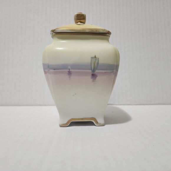 Antique or Vintage Nippon Small Porcelain Potpourri Jar with Lid Sailboat Scene - Picture 3 of 9